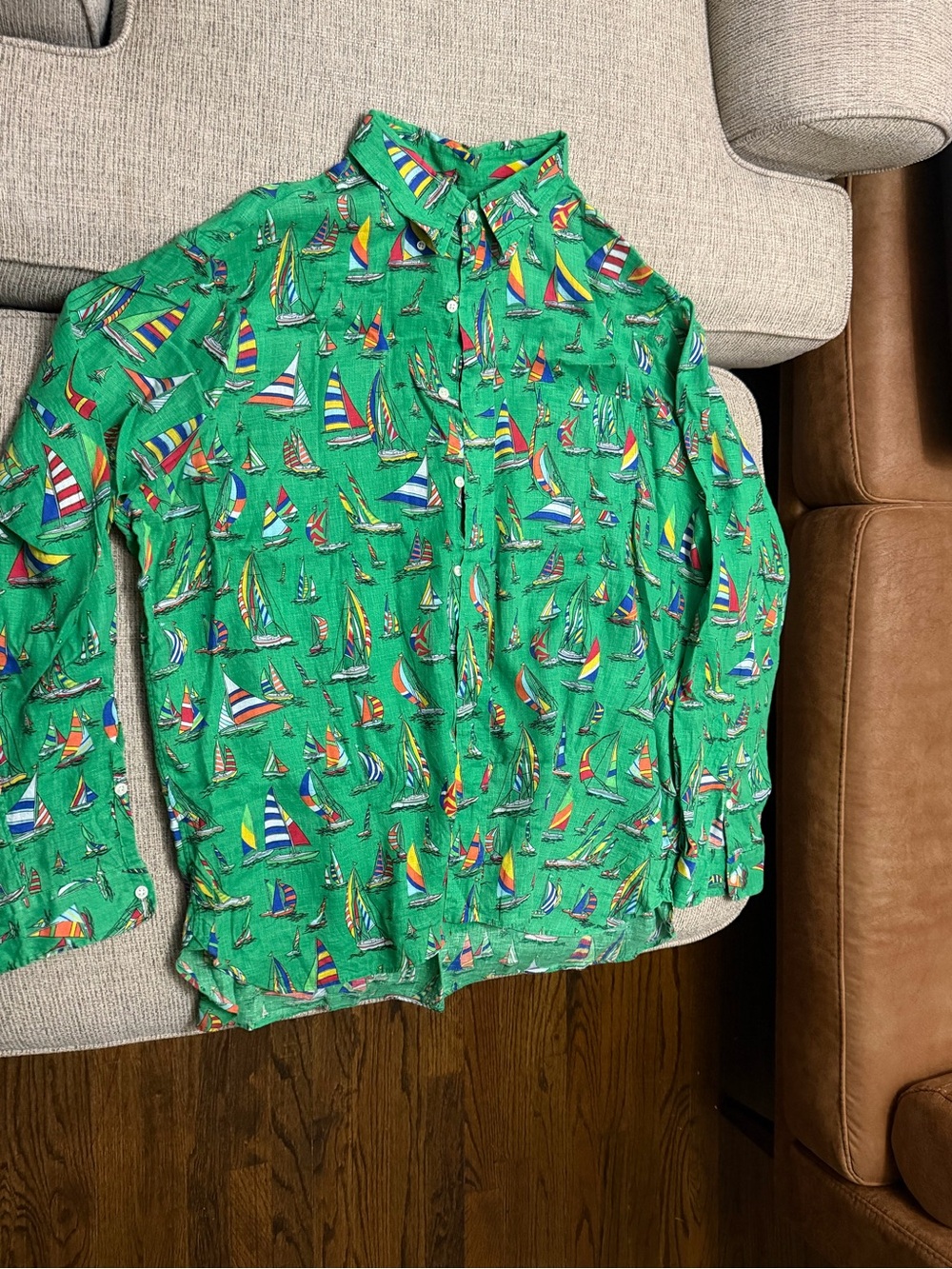 Ralph Lauren Green Sailboat-Print Button-Down Shirt